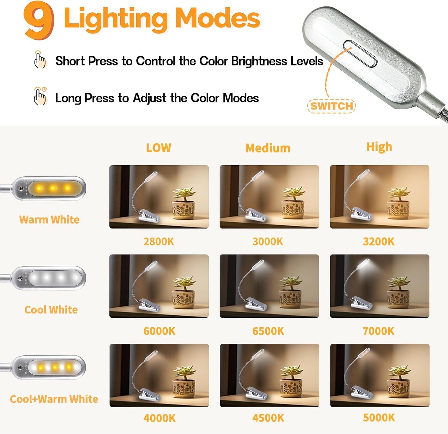 VAVOFO Rechargeable Book Light for Reading in Bed Kids, 7 LED Reading Light with 9-Level Warm Cool White Daylight, Eye Care Lamp with Power Indicator for Bookworms (Yellow)