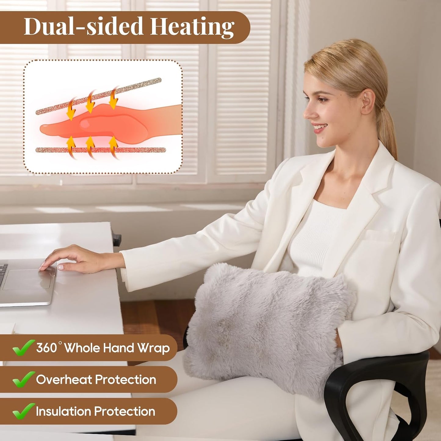 Double-Sided Heating Pad for Hands, Luxury Faux Fur Electric Hand Warmer for Fingers Arthritis, Heated Gloves Indoor Use, Hand Warmer Pouch for Women Men Hand Pain Relief, 3 Levels & Auto Off, Brown