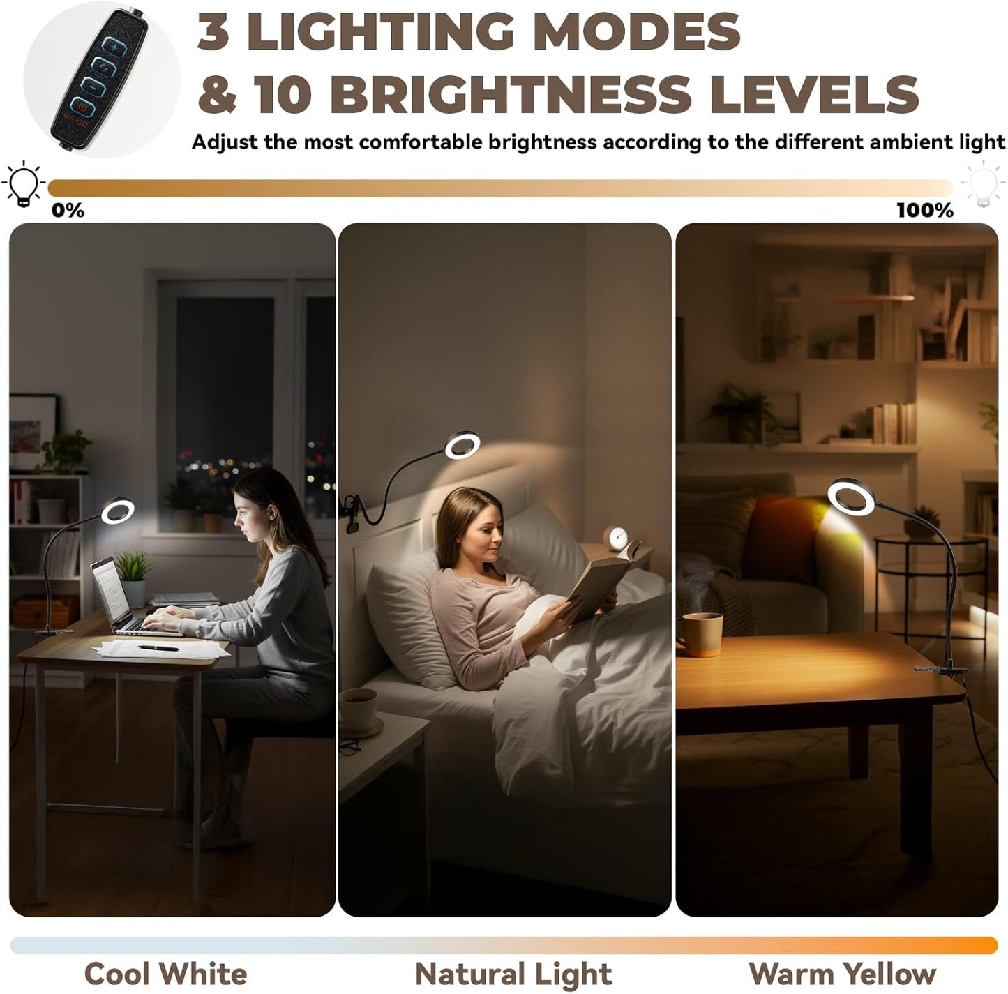 Desk lamp Eye-Caring Table Lamps, 360°Rotation Gooseneck Clip on Lamp Reading Light Portable Reading Book Light Clamp Study Desk Lamps for Bedroom and Office Home Lighting (White)