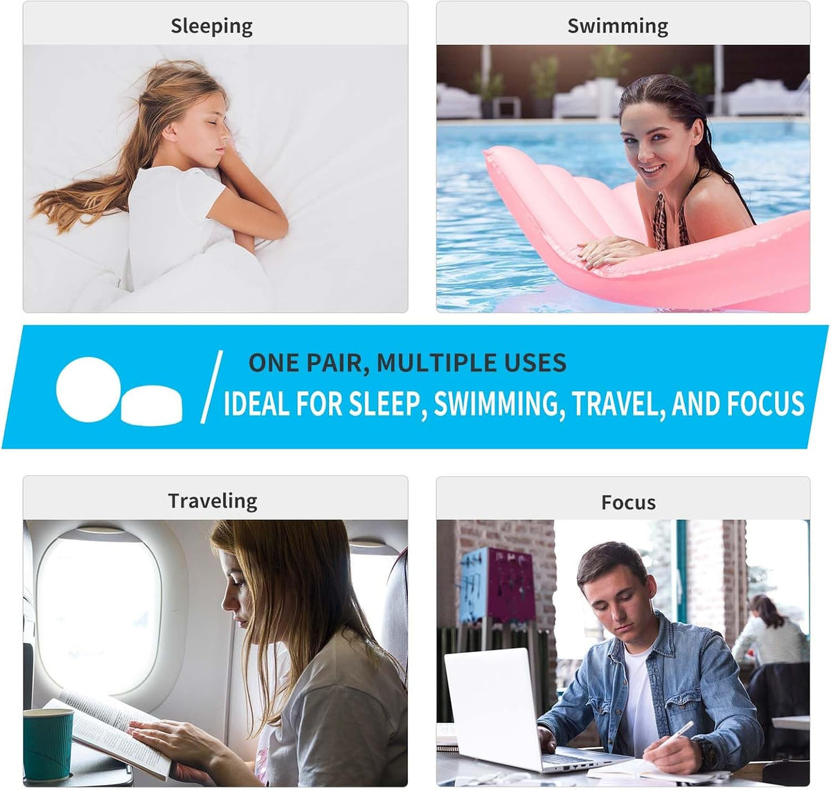LYSIAN Moldable Silicone Ear Plugs for Sleep and Swim, 5 Pairs, Blue