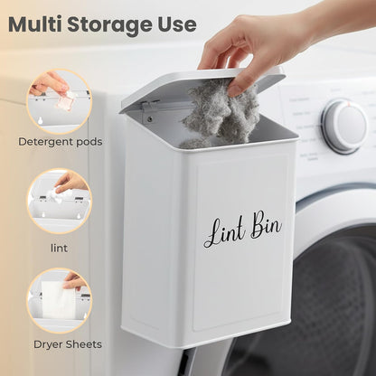 TIRIA Magnetic Lint Bin Wall Mount Metal Dryer Lint Collector Trash Cans 5L | For Laundry Room With Lid, Strong Nylon Brush, Iron Black Magnetic Hook, Adhesive Hooks, Compact Space Saving Metal Design 5L