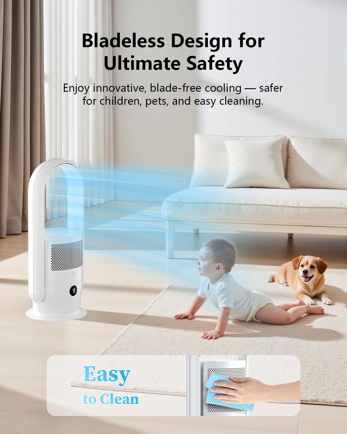 ULTTY Bladeless Tower Fan and Air Purifier Combo, Quiet Oscillating Fan with Remote & Touch Control, 9 Speeds, 8H Timer, HEPA Air Filter, Safe Floor Fan for Bedroom Home Office Black, 23.5"inch