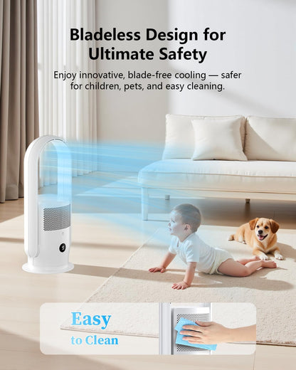 ULTTY Bladeless Tower Fan and Air Purifier Combo, Quiet Oscillating Fan with Remote & Touch Control, 9 Speeds, 8H Timer, HEPA Air Filter, Safe Floor Fan for Bedroom Home Office Black, 23.5"inch