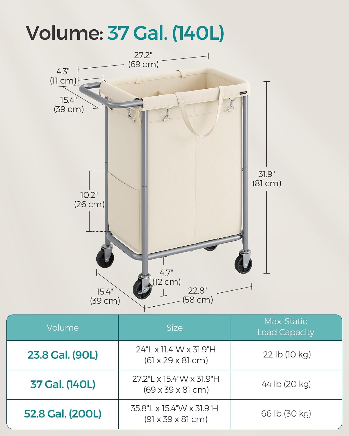 SONGMICS Laundry Basket with Wheels, 4-Section Rolling Laundry Hamper, 68.6 Gallons (260 L), Removable Liner, Steel Frame with Handle, 43.3 x 15.4 x 31.9 Inches, Cream White URLS014W01