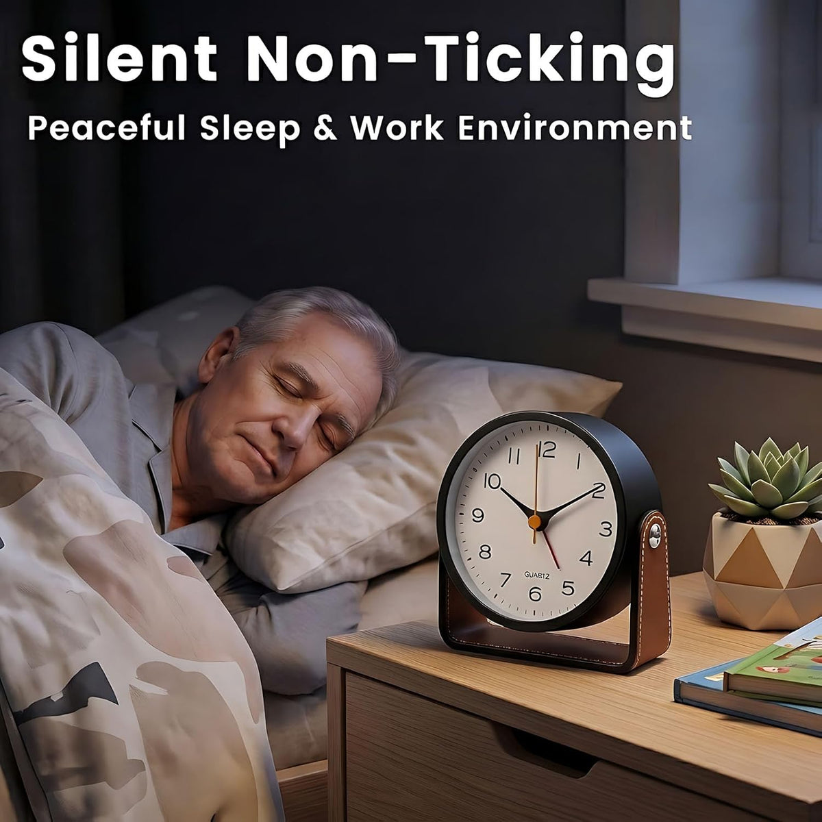 Analog Alarm Clock - 4.5" Silent Non Ticking Small Clock with Light, Rotatable Stand Metal Desk Clock Battery Operated, Simple Design for Living Room Decor/ Bedroom/Bedside/Shelf (Black & White)