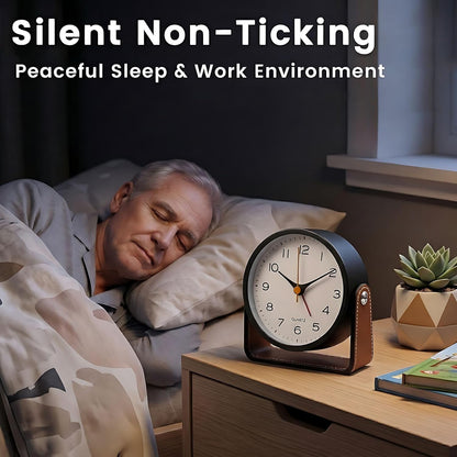 Analog Alarm Clock - 4.5" Silent Non Ticking Small Clock with Light, Rotatable Stand Metal Desk Clock Battery Operated, Simple Design for Living Room Decor/ Bedroom/Bedside/Shelf (Black & White)