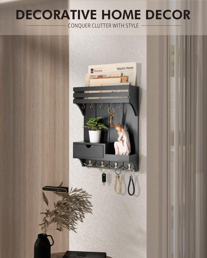 Rebee Vision Key Holder Wall Mount with Drawer Organizer for Entryway,Brown | Pine Wood, 6 Key Hooks, Display Shelf for Plants, Mail Slot for Storage Letter, Multi-Funtional Design, Home Storage