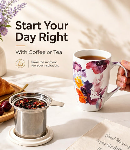 AmorArc Tea Cup With Infuser and Lid, 18oz Loose Leaf Tea Mug With Steeper | Porcelain Tea Mug With Infuser and Lid, Strainer Tea Cup for Tea Lovers, Home & Office, Housewarming Birthday Gift