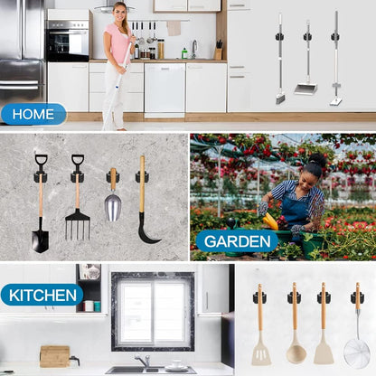 JAMEND CLXP 6PCS Broom and Mop Holder, Heavy Duty Garden Tool Organizer Rack Rake and Shovel Handle, Stainless Steel Mop Hanger. Screws for Wall Mounted. Matte Black