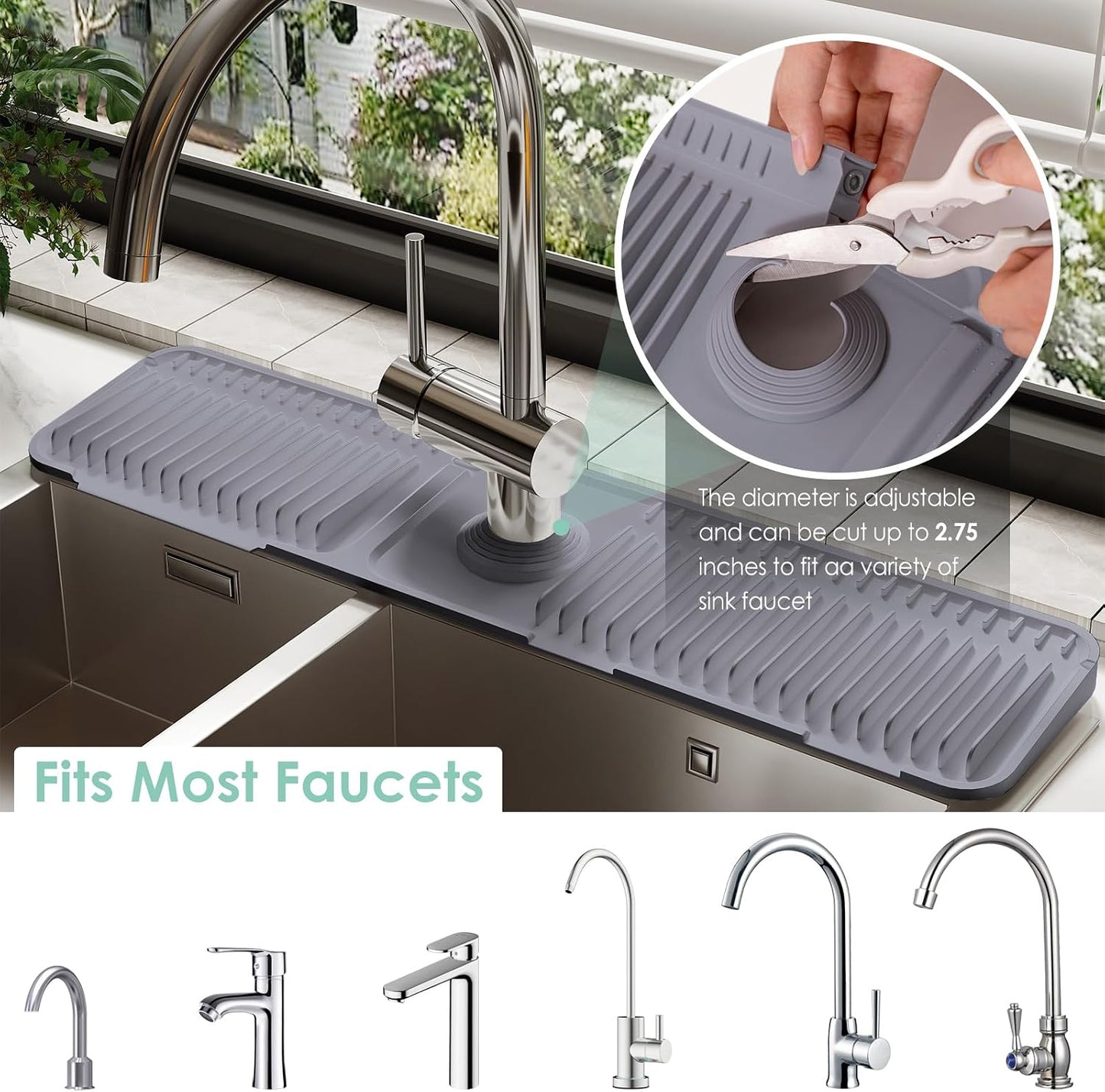 24-Inch Silicone Faucet Mat for Kitchen Sink Splash Guard, 7° Slope | 24"x5.5" water draining mat with fasten button; 1.6-2.75" customizable hole for bathroom, RV & kitchen sink drip catcher.