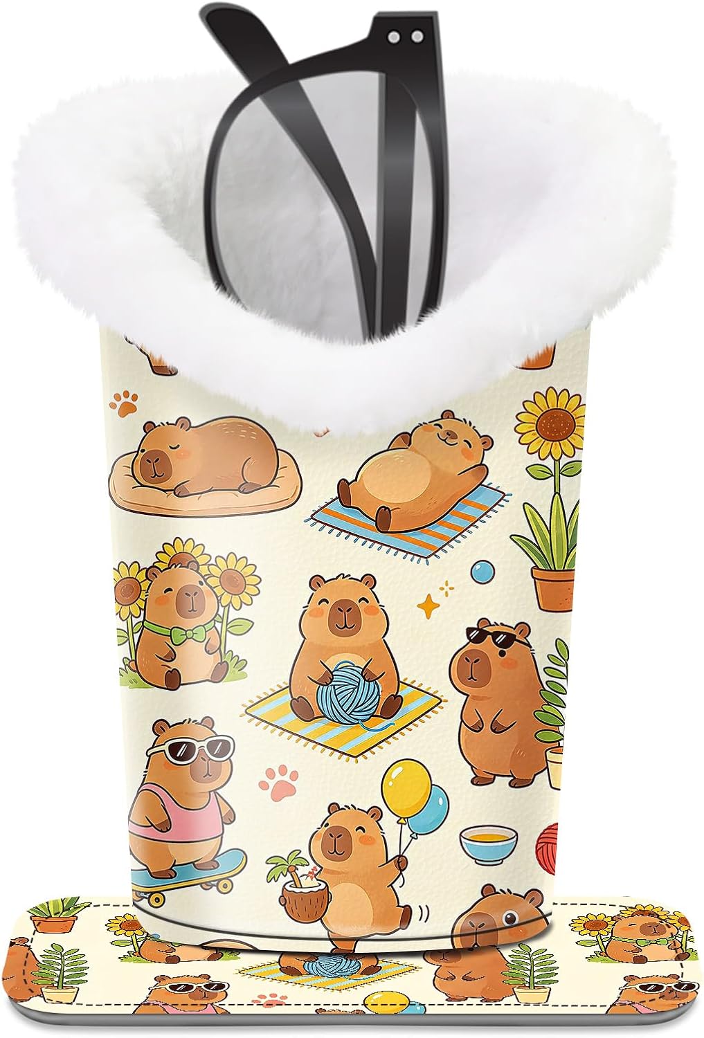 Plush Lined Eyeglasses Holder, Cute Magnetic PU Leather Glasses Stand Case for Women Men Kids