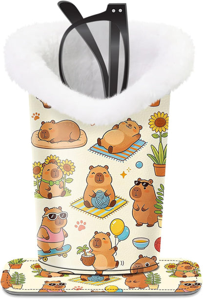 Plush Lined Eyeglasses Holder, Cute Magnetic PU Leather Glasses Stand Case for Women Men Kids