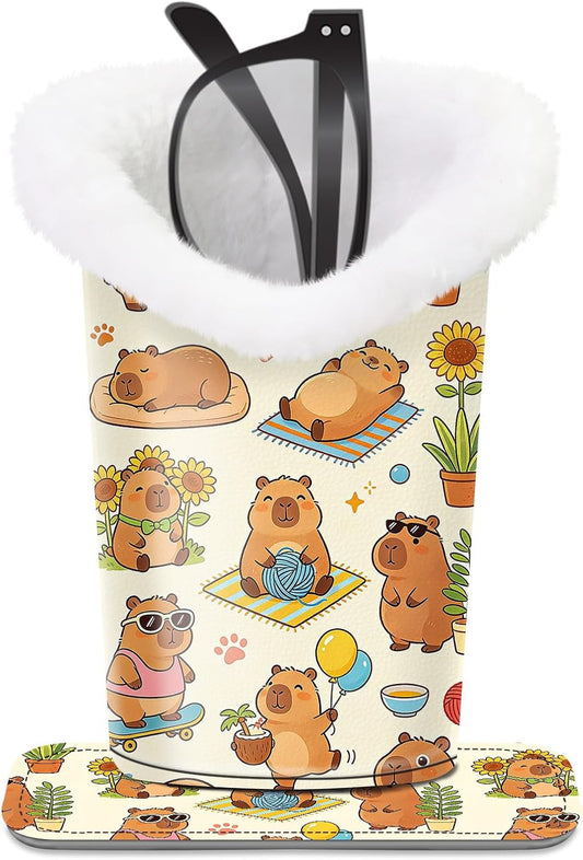 Plush Lined Eyeglasses Holder, Cute Magnetic PU Leather Glasses Stand Case for Women Men Kids