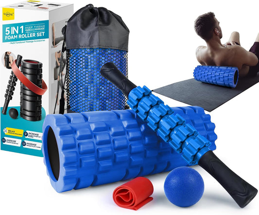 Krightlink 5-in-1 Foam Roller Set High Density Deep Tissue Muscle Massage | Muscle Recovery Kit Exercise Roller, Massage Ball, Resistance Band & Carry Bag for Physical Therapy & Pain Relief Black