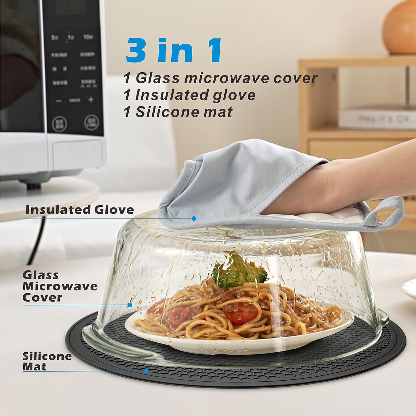 Glass Microwave Splatter Cover with Glove & Mat for Food, 4 Vents Guard Lid | No Plastic, Food Grade, BPA Free, Easy Grip Silicone Knob, 3.9in Tall for Bowl Covers, Serving Dish Cover, Dishwasher Safe