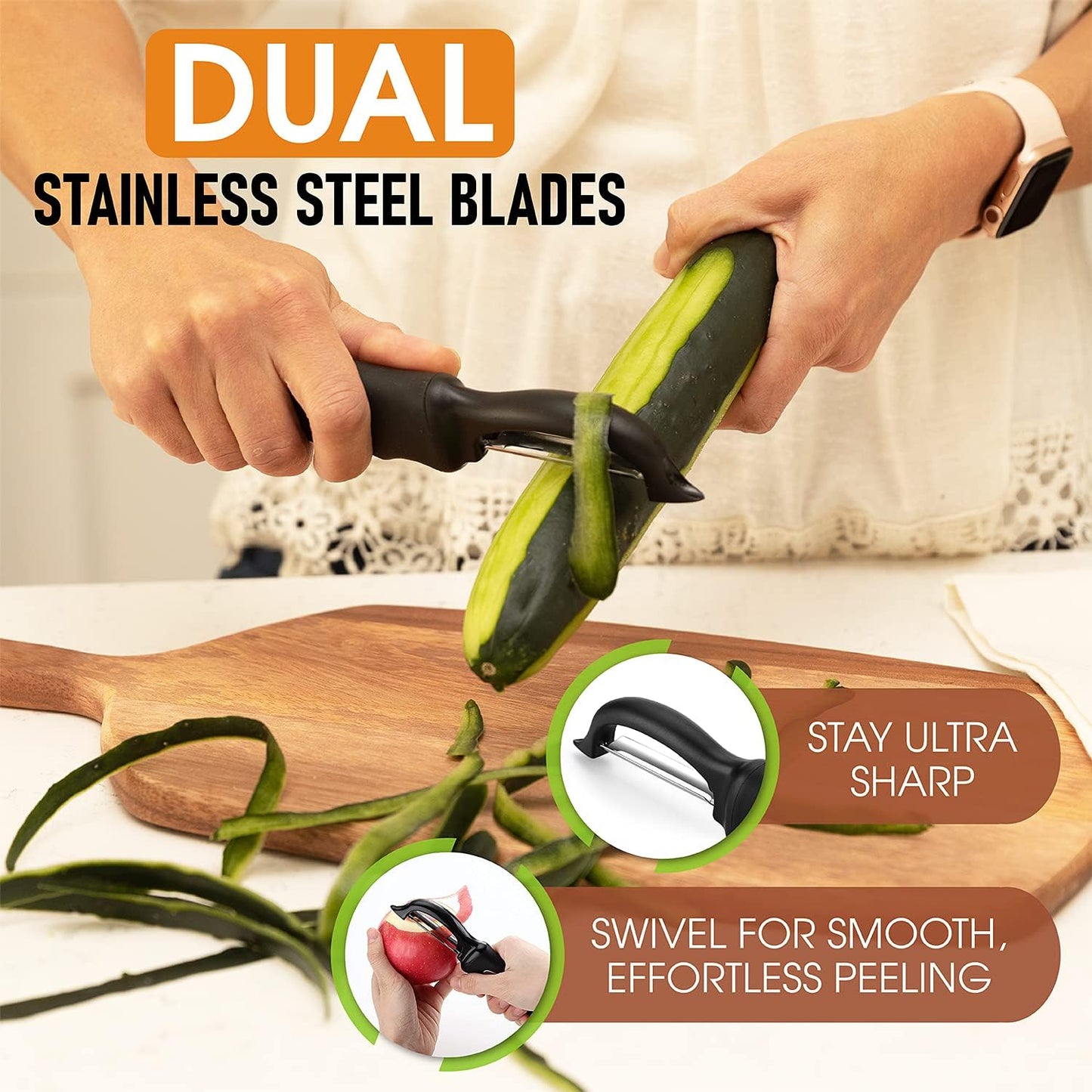 Spring Chef Swivel Vegetable Peeler for Kitchen w/Soft Grip Handle, Black | Premium Potato Peeler w/ Ultra Sharp Stainless Steel Blades, Multifunctional Veggie Peeler for Apple, Carrot, Cucumber, Fruit