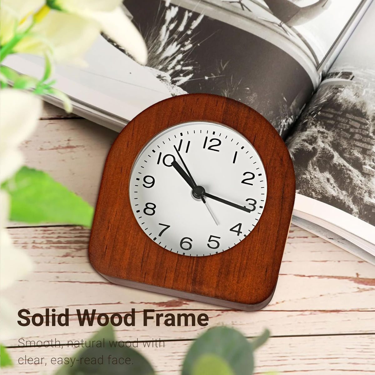 Vintage Solid Wood Analog Alarm Clock, Battery-Operated Alarm Clocks with Non-Disruptive Night Light, Non-Ticking Alarm Clock with Snooze Button and Soft Alarm Tone. (Dark Brown)