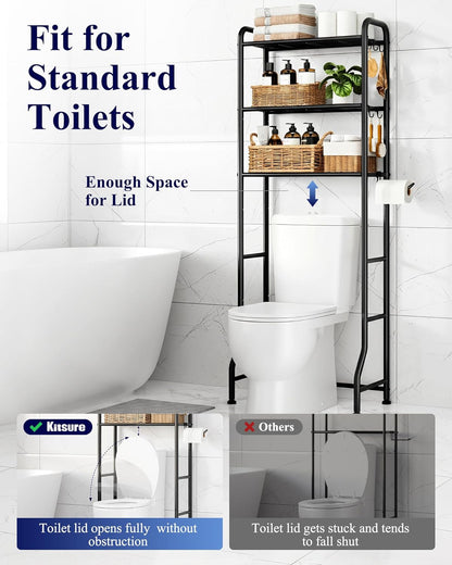 Kitsure Over Toilet Storage Rack, 63.2" H Space-Saving, Holder & Hooks | Bathroom, Laundry Room, Small Spaces, Families, Durable Metal, Black, 3 Tier