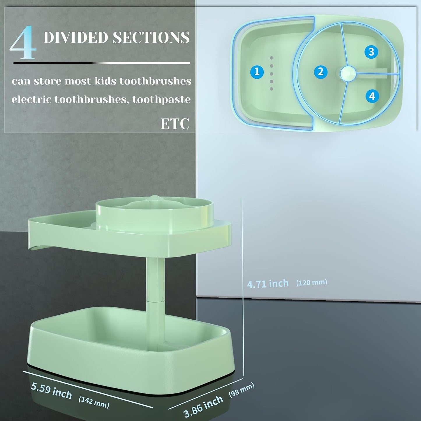 Toothbrush Holders for Bathrooms, 4 Slots with Drainage and Ventilation, ABS Plastic, with Anti-Slip Base for Holding Electric Toothbrush & Toothpaste (Green)