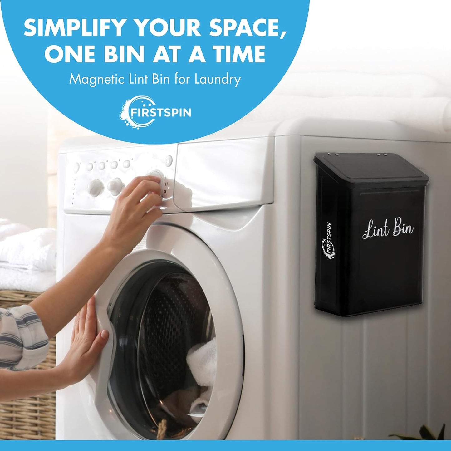 Magnetic Lint Bin for Laundry Room – Black Metal Lint Holder with Lid – Wall Mount & Magnetic Trash Can – Modern Farmhouse Style for Laundry Room Organization and Storage