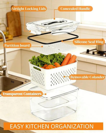 SnowSky 4PCS 2-in-1 Fruit & Veggie Fresh Box with Detachable Colander & Divider – Airtight Leak-Proof Fridge Storage Container with Lid for Berry, Meal Prep, Kitchen