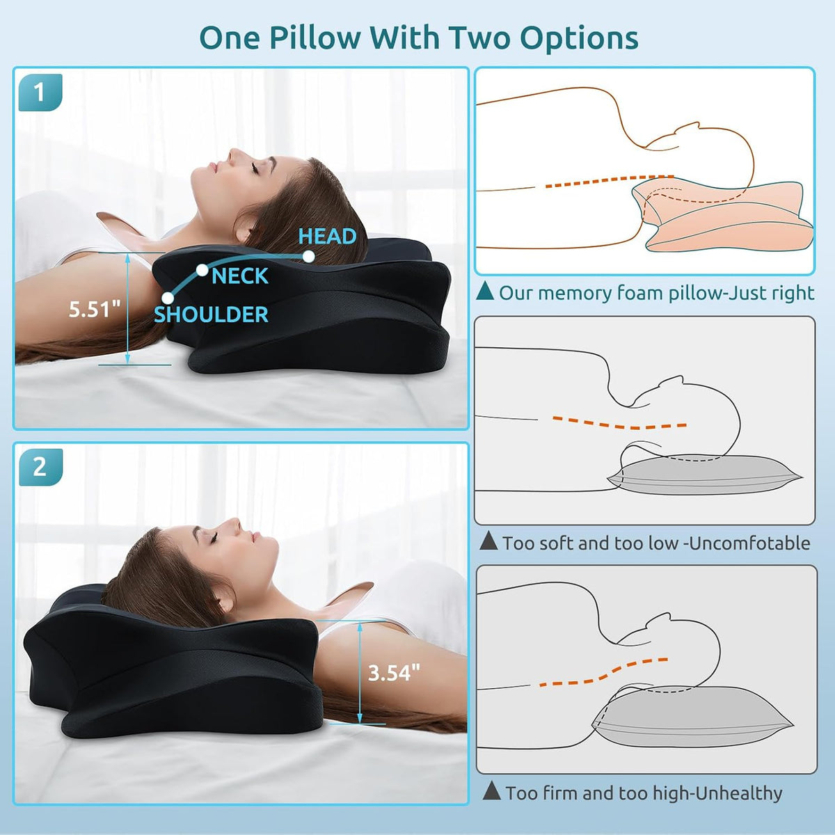 DONAMA Cervical Pillow for Neck and Shoulder Pain Relief, Cooling Contour Memory Foam Pillow, Dual-Height Ergonomic Neck Support Pillow for Side Back Stomach Sleepers with Removable Pillowcase
