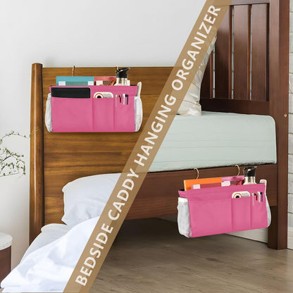 Black Bedside Caddy Storage Bag Bedside Organizer for Bed Rails College Dorm Room Organizer Caddy Hanging Shelf 6 Pockets with Hooks for Drinks Magazine Phone Holder