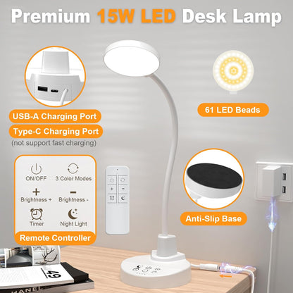15W LED Desk Lamp with USB Charging Ports – Dimmable Table Lamp with 3 Color Temps, 5 Brightness, 4 Timers, Flexible Gooseneck Light with Base, Eye-Caring Reading Light for Home Office, Bedroom, Study