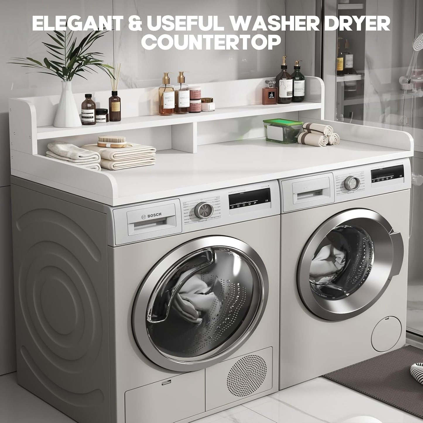 2-Tier Washer and Dryer Countertop with 2.75" H Guard,54" W x 27.5" D Laundry Countertop Cover with Non-Slip Pad,Large Space Laundry Topper for Folding Clothes Over Washer and Dryer-White