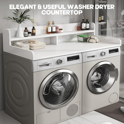 2-Tier Washer and Dryer Countertop with 2.75" H Guard,54" W x 27.5" D Laundry Countertop Cover with Non-Slip Pad,Large Space Laundry Topper for Folding Clothes Over Washer and Dryer-White