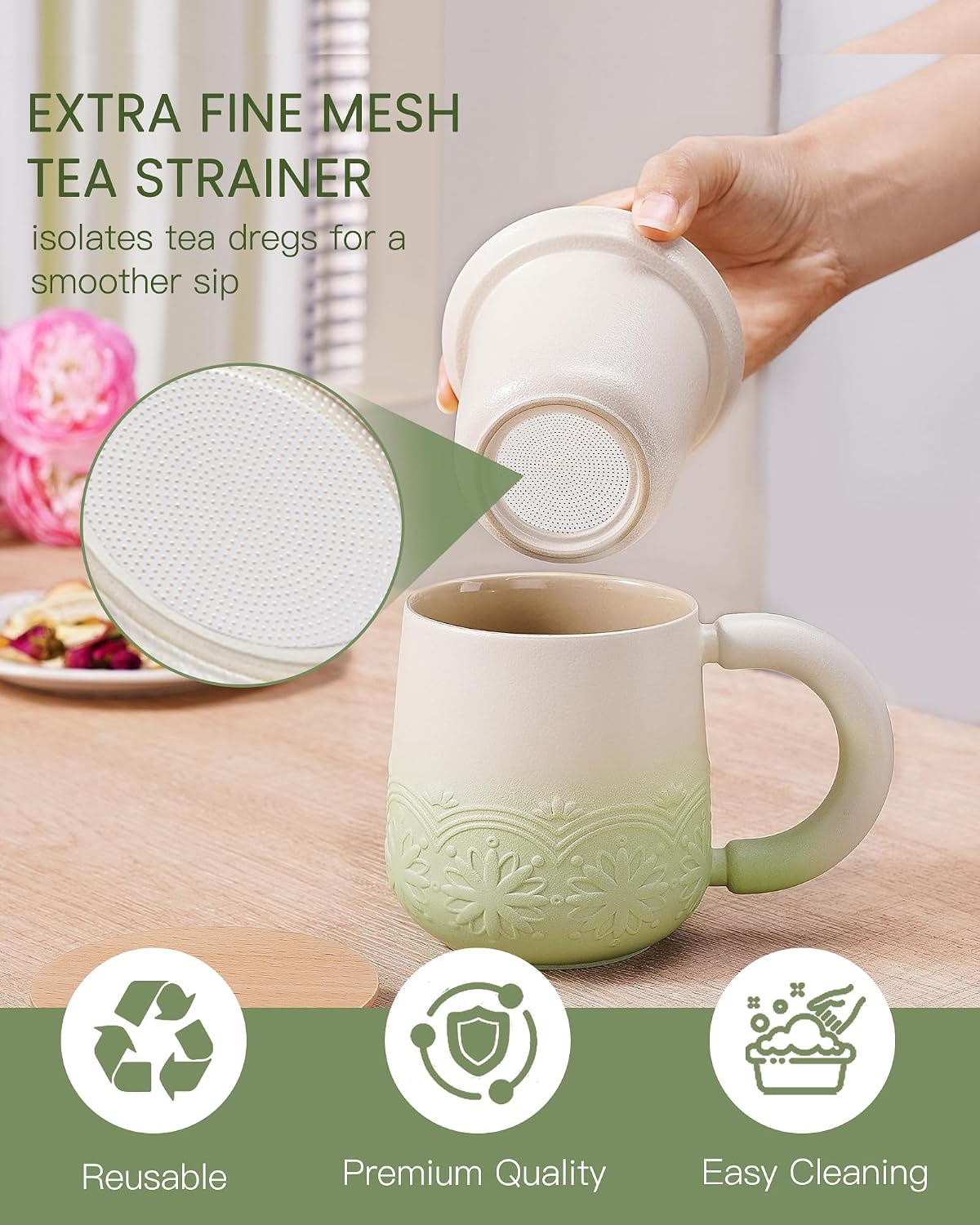 ZENS Tea Mug with Infuser and Lid for Loose Tea Diffusers, 12oz Purple | Embossed Ceramic Tea Cup with Infuser for Herbal Tea Steeper, Tea Lovers Gifts, Japandi Style Sunflower