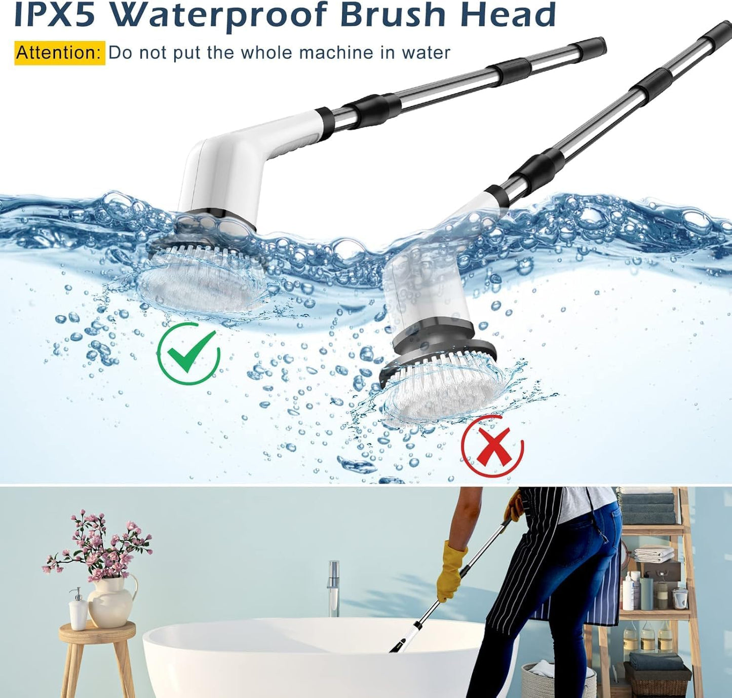 Electric Spin Scrubber, Cordless Cleaning Brush Scrubber for Home, 8 Replaceable Brush Heads, 3 Adjustable Size, 2 Speeds for Bathroom Shower Bathtub Glass Car, Gift for Holidays Birthday