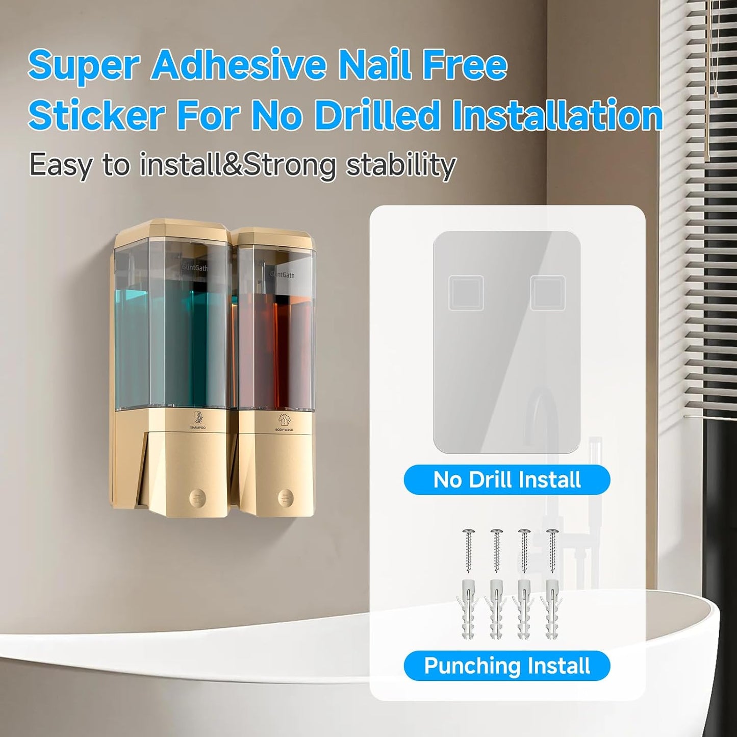 Shampoo and Conditioner Dispenser,Shower Dispenser 3 Chamber No Drill Shampoo Dispenser for Shower Wall Mounted Shower Soap Dispenser for Bathroom Hotel,Large Capacity 3 * 500ML,Gold