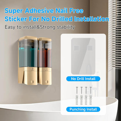 Shampoo and Conditioner Dispenser,Shower Dispenser 3 Chamber No Drill Shampoo Dispenser for Shower Wall Mounted Shower Soap Dispenser for Bathroom Hotel,Large Capacity 3 * 500ML,Gold