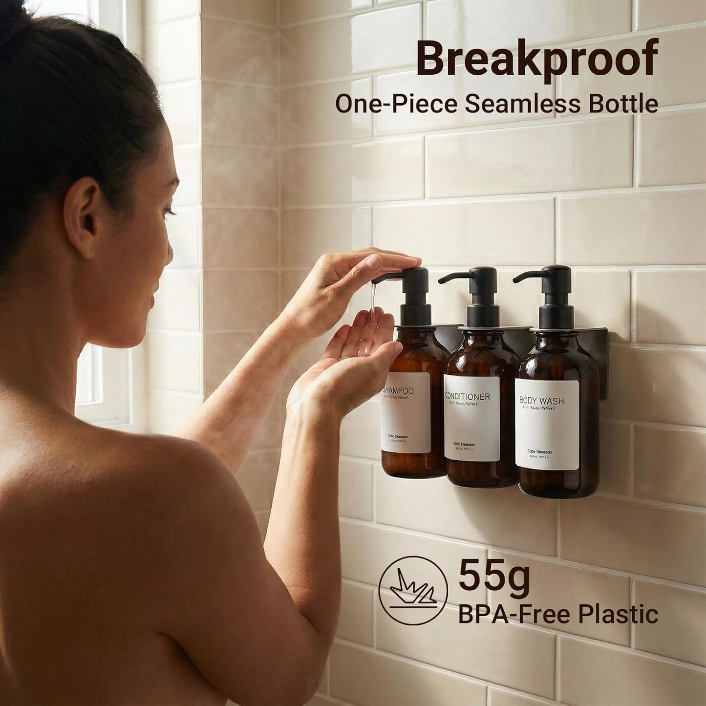 Shampoo and Conditioner Dispenser - Shower Soap Dispenser 3 Chamber No Drill - Bathroom Soap Dispenser Wall Mount Adhesive - Clear PET Bottles with Nature Bamboo Pumps Set Refillable 1500ml