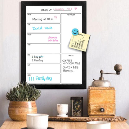 Weekly Dry Erase Whiteboard Calendar, 15.7"x11.8" Magnetic Surface Memo Board, Minimal Design Weekly Planner for Wall, Black Wood Frame Dry Erase Board for Office School Home(ZLBB-S-BK-2636)