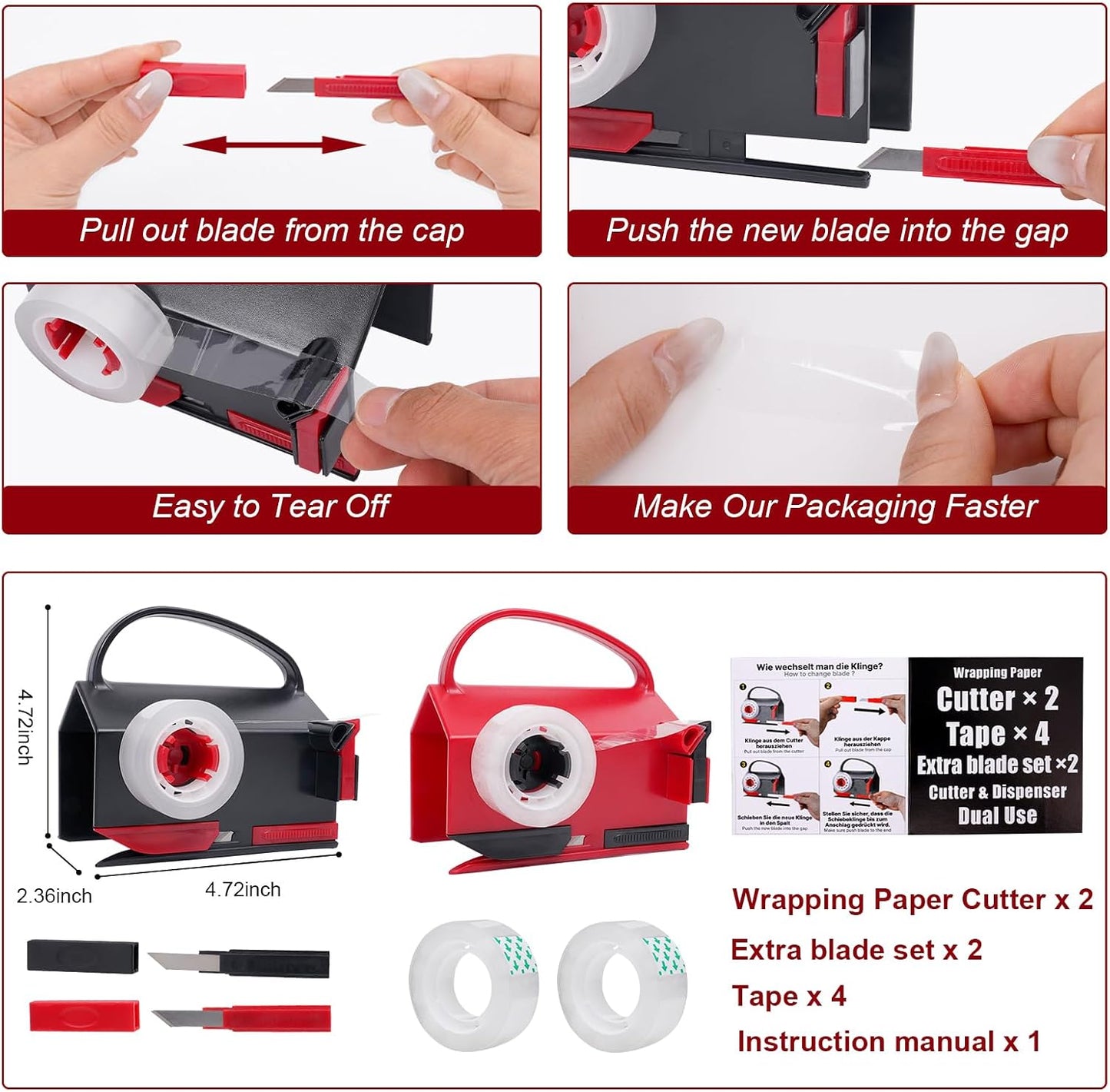 2-in-1 Wrapping Paper Cutter & Tape Dispenser, with 4 Tapes & 2 Blades ﻿ ﻿ | Sliding Gift Wrap Roll Cutter Tool with Replacement Parts, Safe & Precise Cutting for Christmas, Birthday, Crafts & Office,