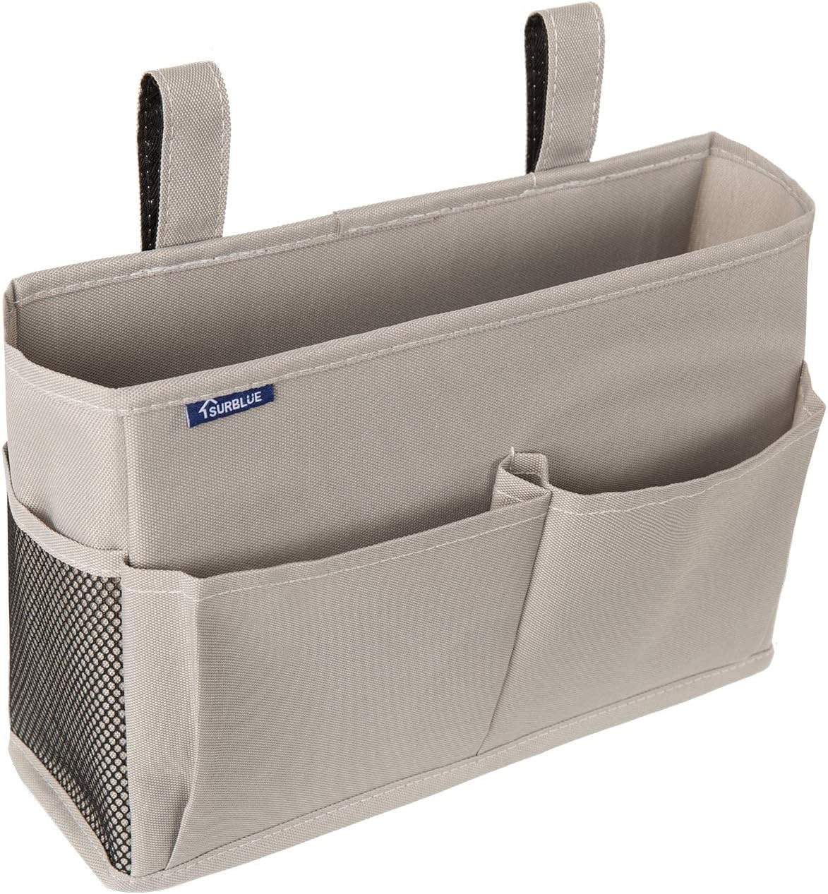 Surblue Bedside Caddy Hanging Organizer Storage Bag Pocket for Bunk, Hospital, College Dorm Rooms, Baby Bed Rails, Camp - 4 Pockets, 2 Hooks (Blue)