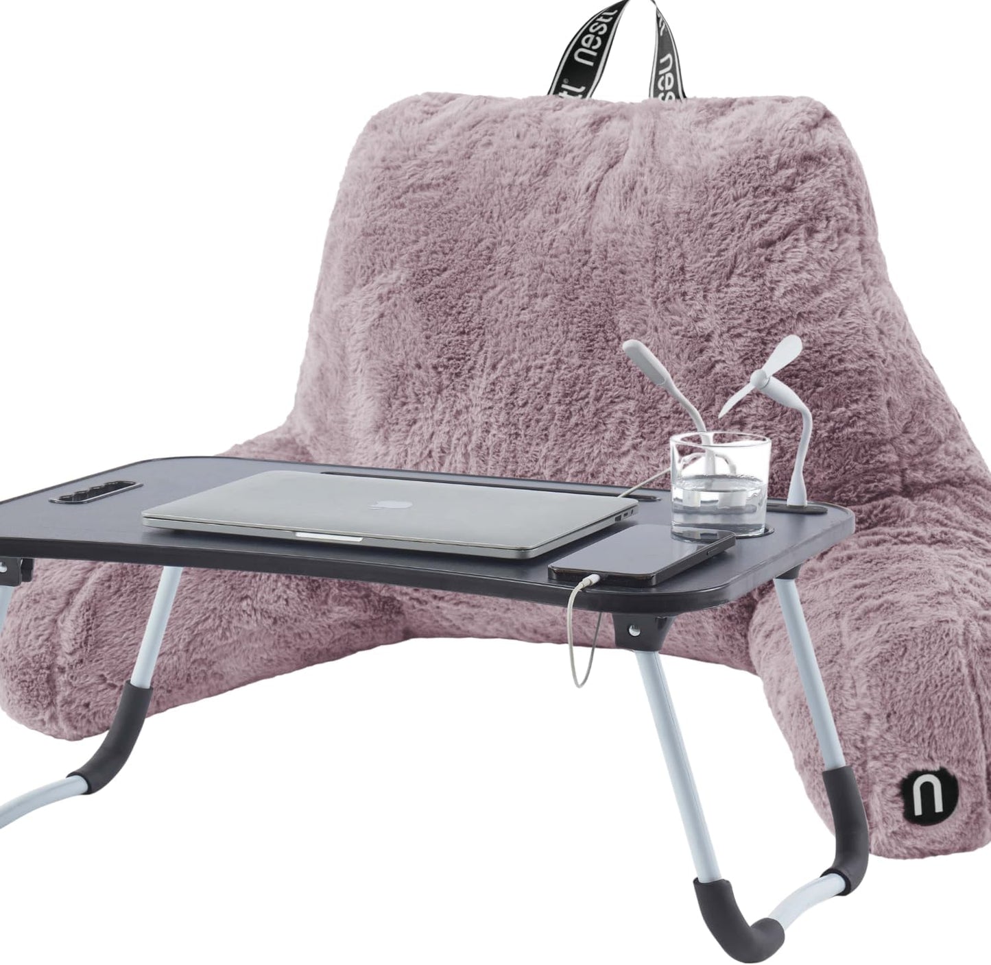 Nestl Fur Reading Pillow with Shredded Memory Foam, Stylish Back Pillow for Bed Sitting Up, Faux Fur Reading Pillows for Sitting in Bed Adult & Kids, Sit Up Back Support Pillow with Arms - Dark Grey