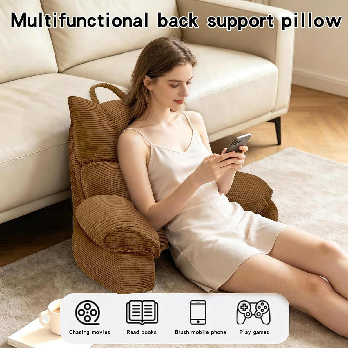 Reading Pillow for Bed with Arms, Back Support, Memory Foam（Grey Black）