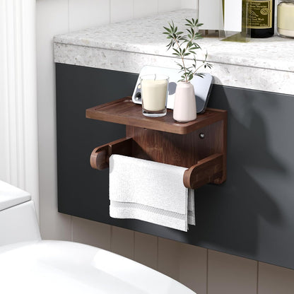VERTORGAN 1 Pack Bamboo Toilet Paper Holder with Phone Shelf(Brown) | Bathroom Tissue Holder,Wall Mounted Rack,Space-Saving Organizer,Phone Shelf Stand,Easy Installation,Toilet Paper Rack