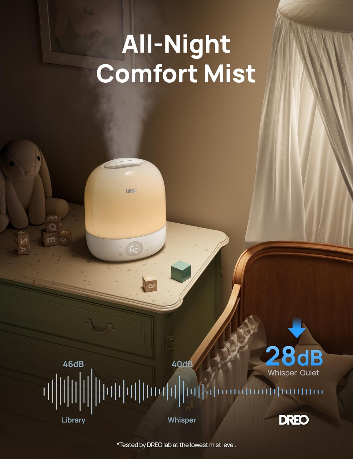 DREO 6L Humidifiers for Bedroom, 60H Runtime, 28 dB Quiet, HM524, Black
