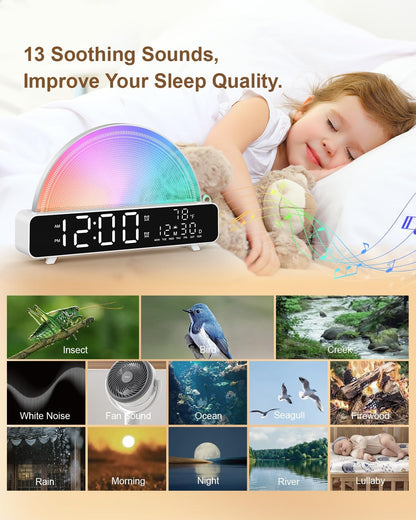 HAODINGMAI Sunrise Alarm Clock Wake Up Light with Sunrise Simulation White Noise Machine Touch Control Bedside Lamps Colors Atmosphere Lamp 30/60/90 Sleep Timer 13 Nature Sounds