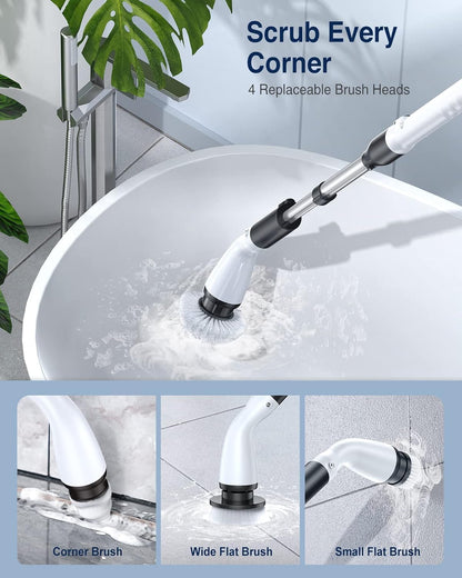 PUNOMO Electric Spin Scrubber for Bathroom & Shower, Power Cleaning Brush | Cordless, IPX7 Waterproof. 2 Speeds & 90-Min Battery, 8 Heads. Extendable Handle Saves Your Back For Tub & Tile Deep Cleaning