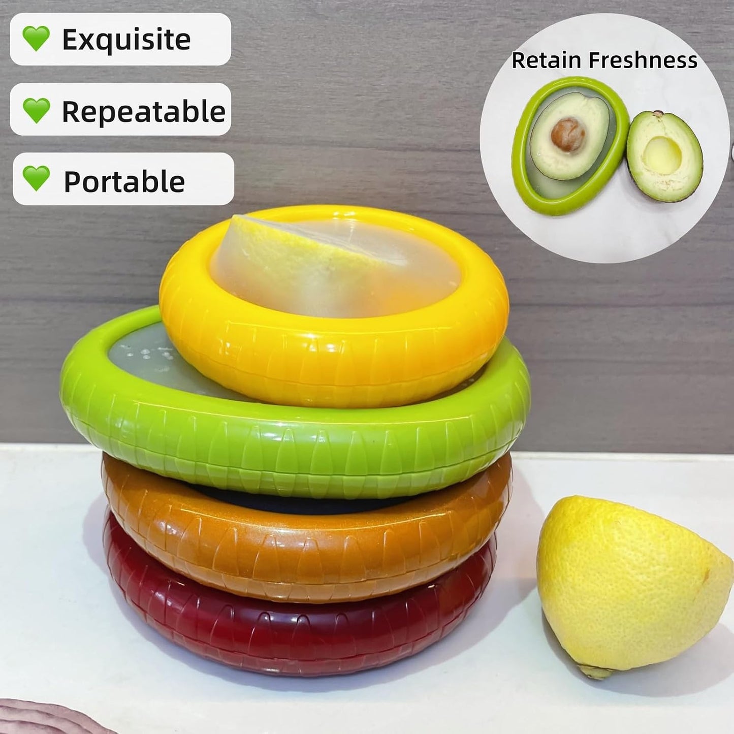 Silicone Avocado Saver Onion Storage, Set of 4 Reusable Fruit Containers for Fridge,Airtight Fresh Vegetable Keeper for Garlic, Onions, Lemon Freshness Box