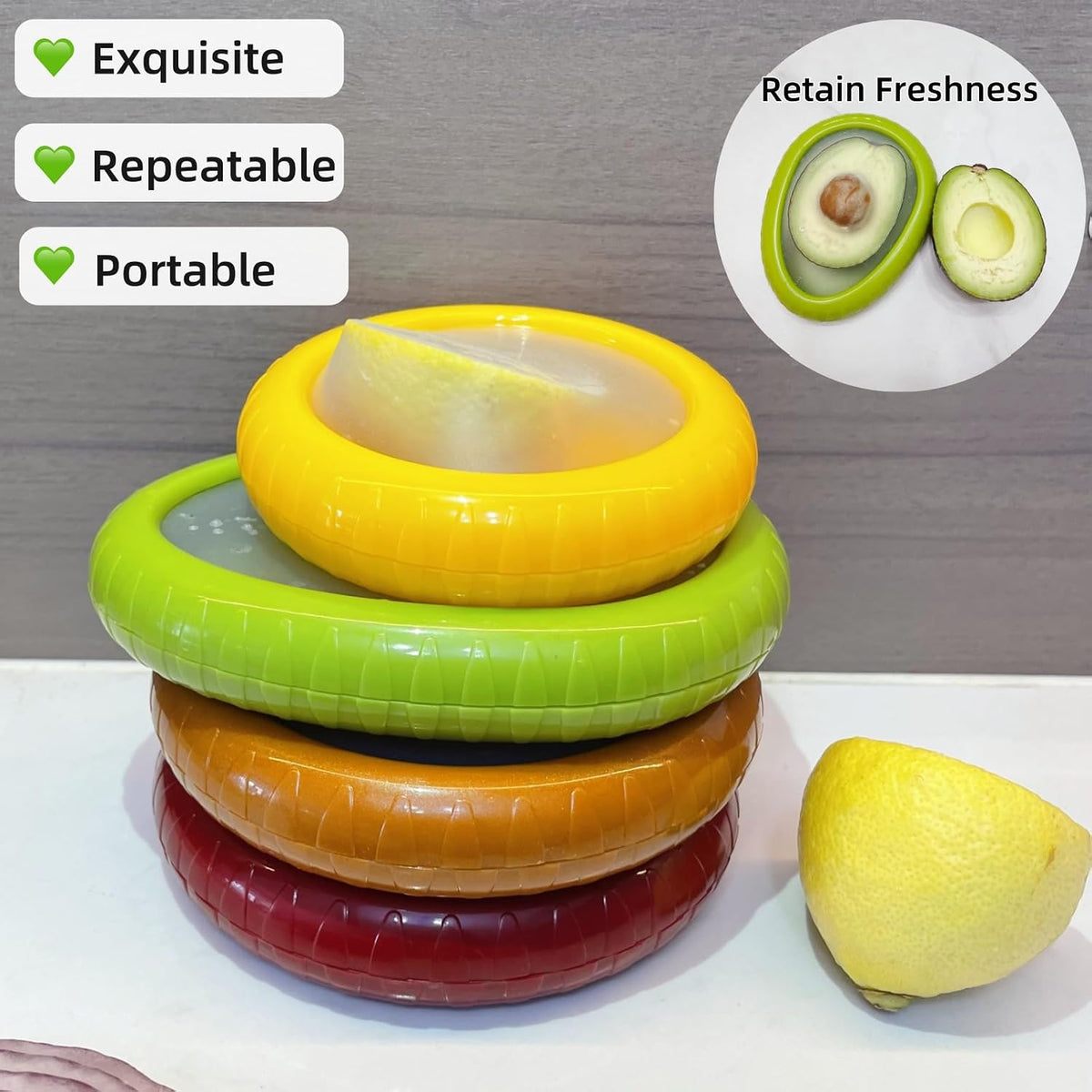 Silicone Avocado Saver Onion Storage, Set of 4 Reusable Fruit Containers for Fridge,Airtight Fresh Vegetable Keeper for Garlic, Onions, Lemon Freshness Box