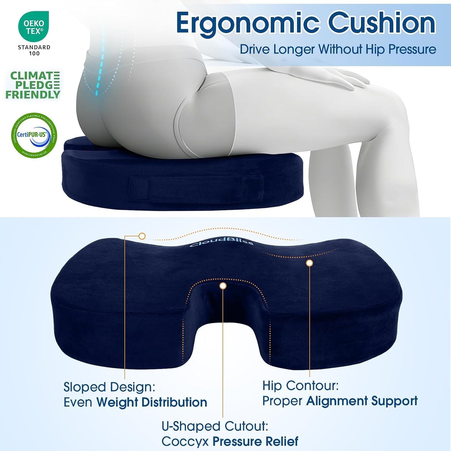 CloudBliss Lumbar Support Pillow & Seat Cushion Set for Office Chair, Desk Chair, Wheelchair & Car – Memory Foam Back Support, Ergonomic Chair Cushions, Sciatica Pain Relief, Home Essentials, Black