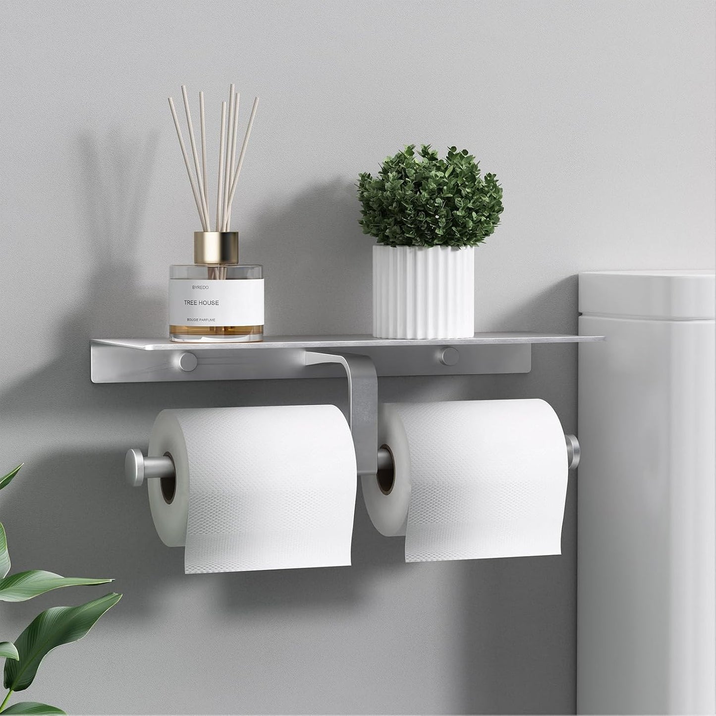 Matte Black Toilet Paper Holder with Shelf, Wall-Mounted Bathroom Organizer, Double Roll