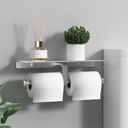 Matte Black Toilet Paper Holder with Shelf, Wall-Mounted Bathroom Organizer, Double Roll