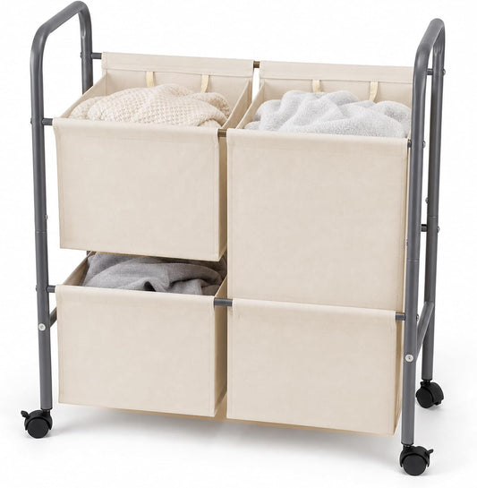 130L Laundry Hamper with Wheels, 3 Section Laundry Sorter Cart with Removable Bags, Rolling Clothes Hamper with Waterproof Lining, Sturdy Freestanding Canvas Laundry Basket for Laundry Room, Beige